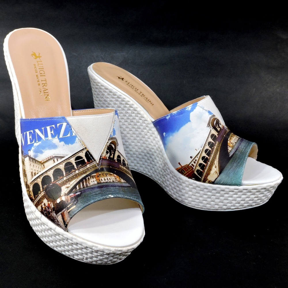 LUIGI TRAINI 🇮🇹 WOMEN'S MULTICOLOR LEATHER COMFORT WEDGE SUMMER MULES